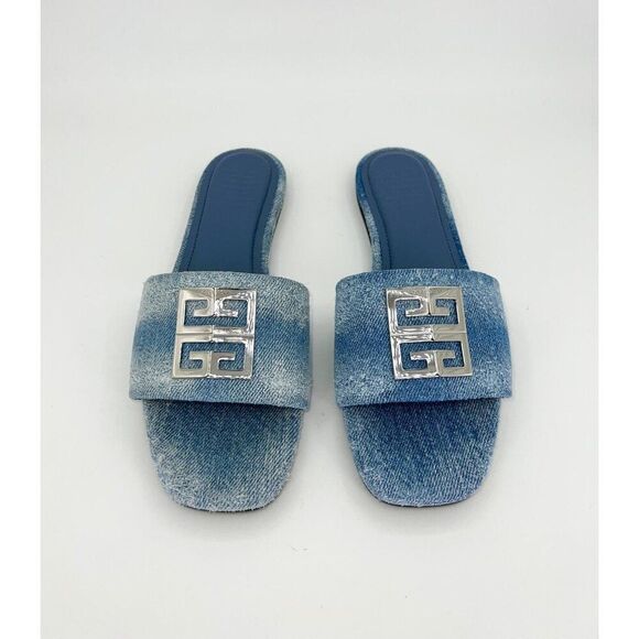 NWT GIVENCHY Light Blue Denim Silver Tone 4G Logo Flat Sandals Size EU37 - Picture 4 of 9